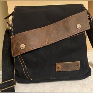 AUGUR FABRIC CANVAS LEATHER CROSSBODY PURSE BAG Black Gold Brown magnetic close
